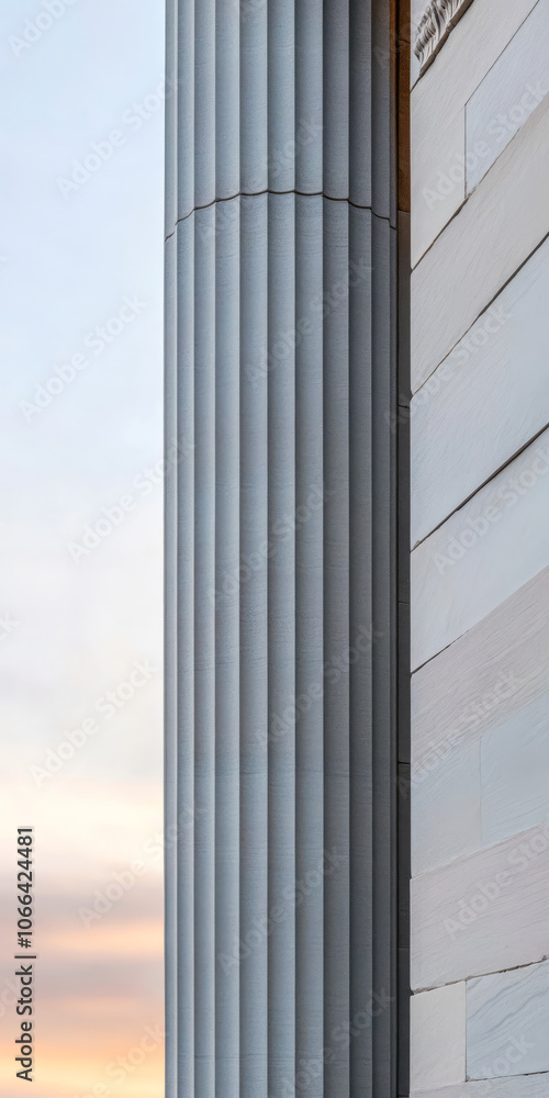 Detail of a classical column and modern architecture at sunset in an urban setting Detail of a classical column and modern architecture at sunset in an urban setting