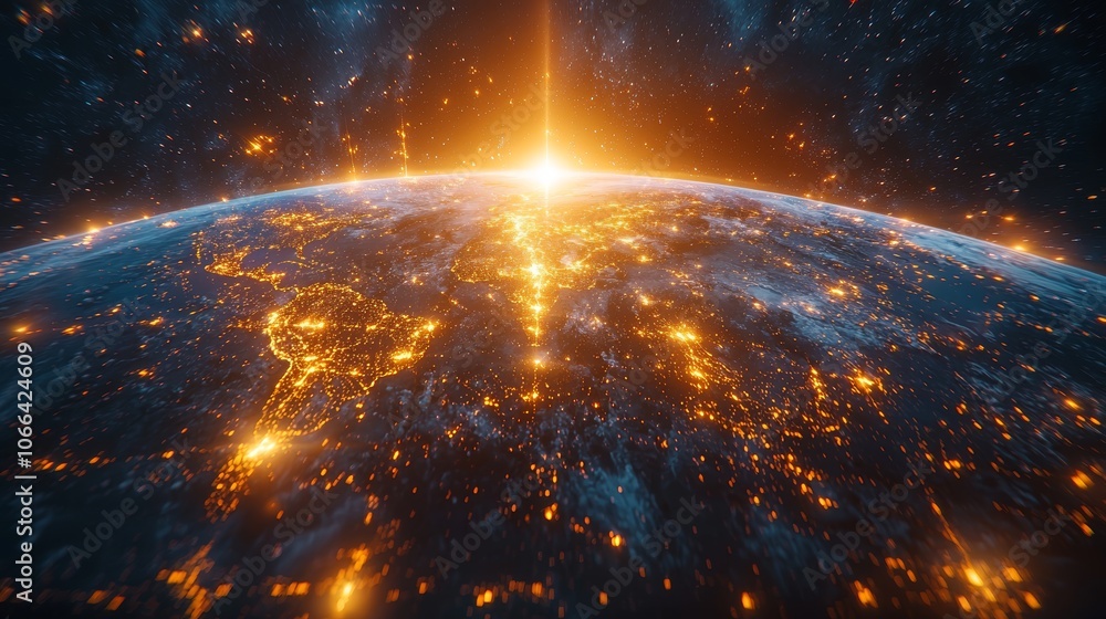 Glowing Lines in Space Above Earth at Sunrise Glowing Lines in Space Above Earth at Sunrise