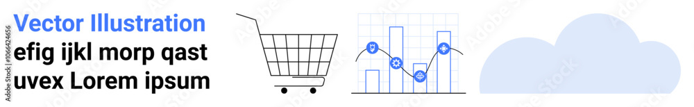 Shopping cart, analytical graph, blue cloud representing e-commerce, data analytics, and cloud storage. Ideal for marketing, sales, data analysis, cloud computing, e-commerce, online shopping Shopping cart, analytical graph, blue cloud representing e-commerce, data analytics, and cloud storage. Ideal for marketing, sales, data analysis, cloud computing, e-commerce, online shopping
