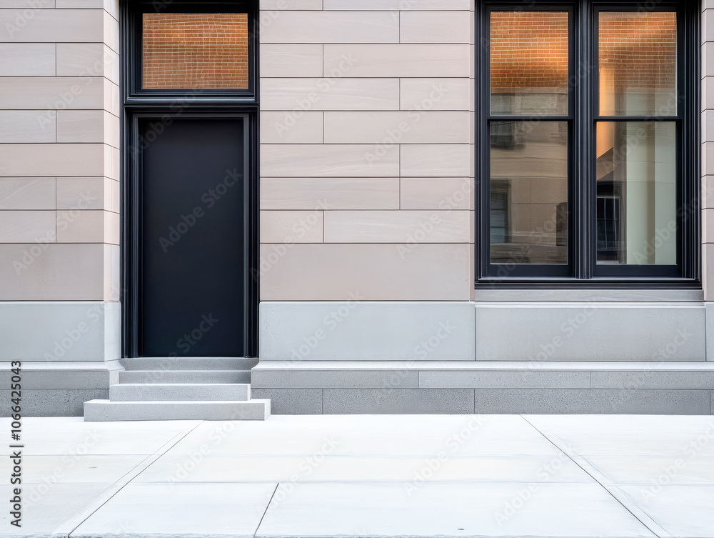 Modern urban entrance with sleek design and large windows in a contemporary neighborhood Modern urban entrance with sleek design and large windows in a contemporary neighborhood