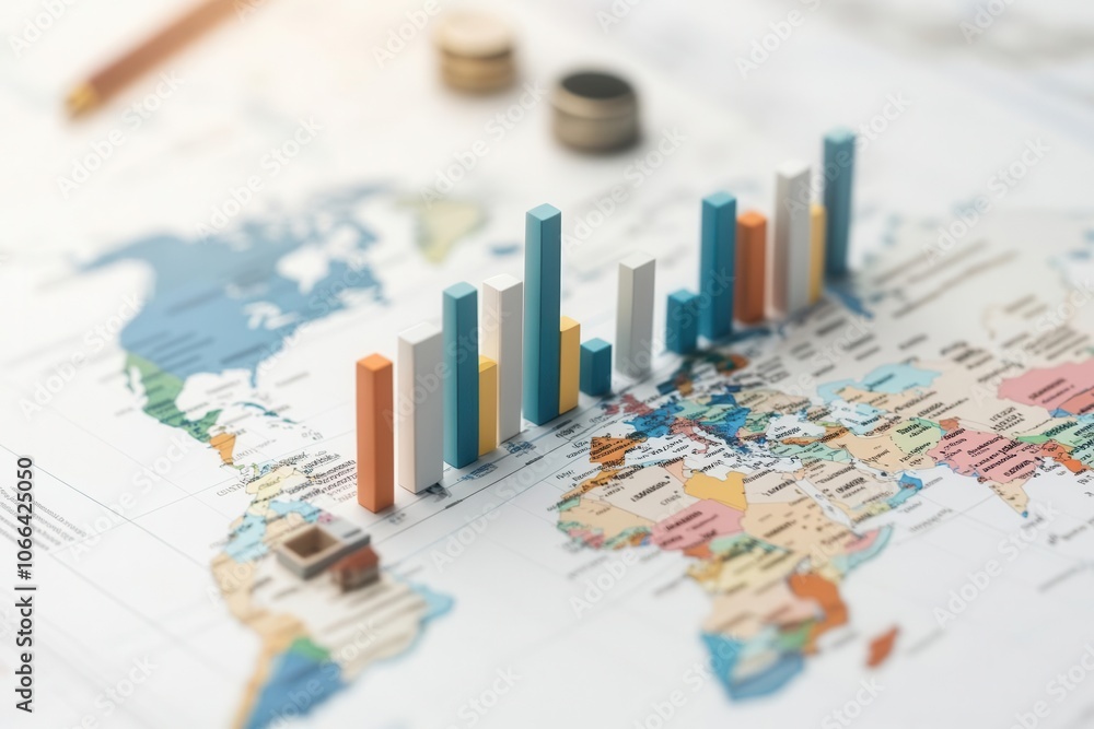 Abstract world map with growing property bars, concept of global real estate success Abstract world map with growing property bars, concept of global real estate success