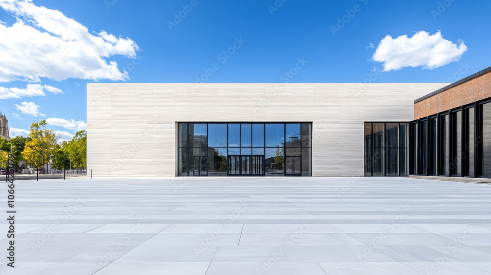 Modern architectural design of a museum with an expansive plaza and clear blue sky Modern architectural design of a museum with an expansive plaza and clear blue sky