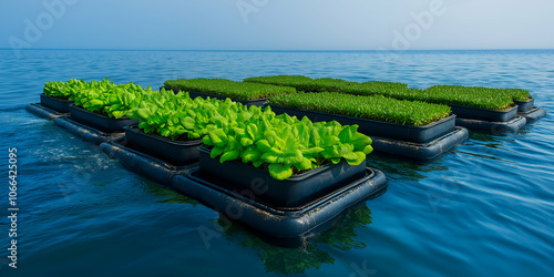 Revolutionary floating farming platforms growing a diverse range of fresh vegetables and herbs in the vast ocean, showcasing an eco friendly method of food cultivation photo