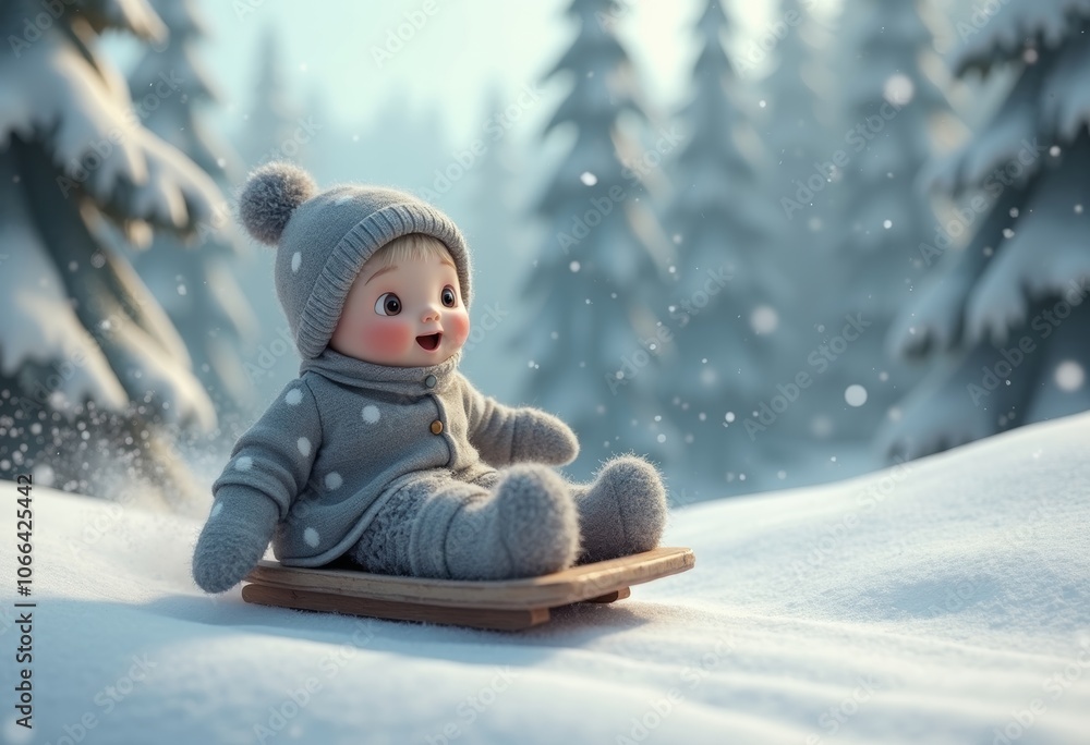 Happy child sledding joyfully in a snowy forest, greeting card concept Happy child sledding joyfully in a snowy forest, greeting card concept