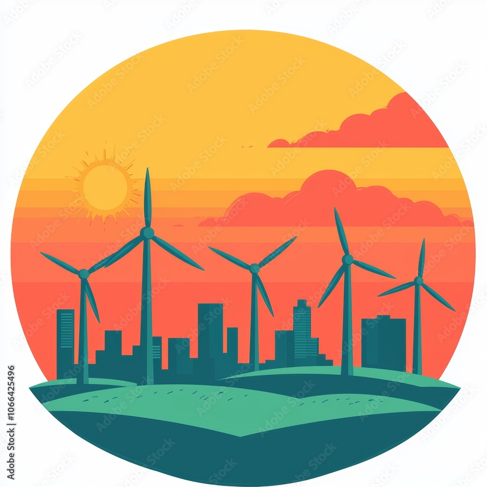 Wind Turbines Against Vibrant Sunset Background Wind Turbines Against Vibrant Sunset Background