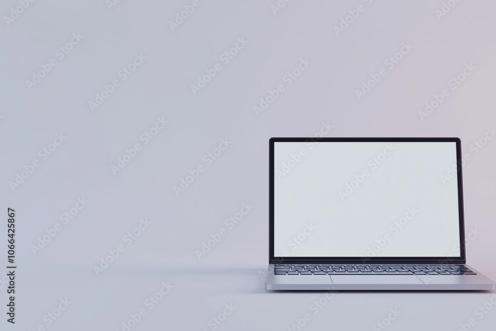 Laptop with blank screen on minimalistic pastel background surface Laptop with blank screen on minimalistic pastel background surface
