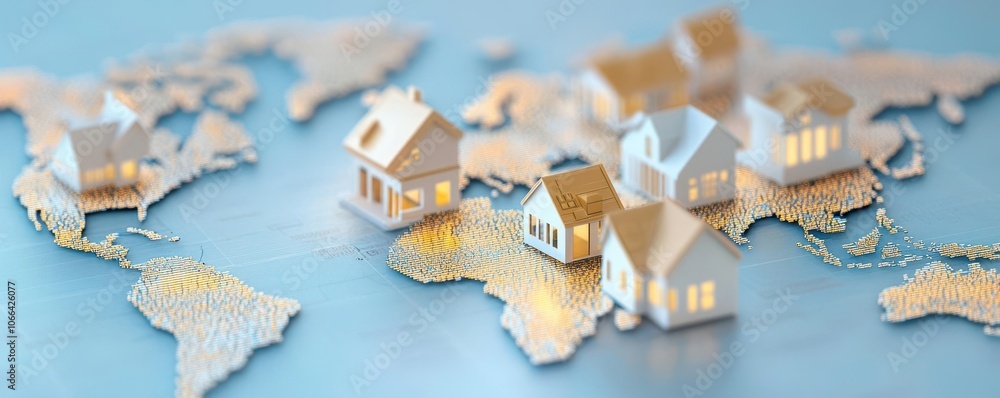 World map overlay with real estate data rising, global property growth concept World map overlay with real estate data rising, global property growth concept