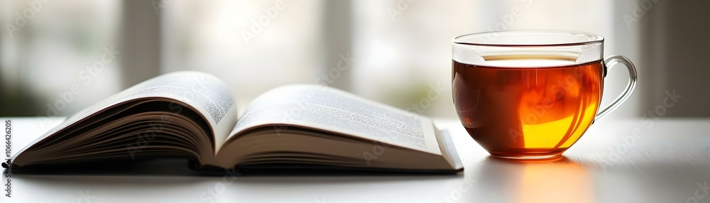Glossy Tea Cup and Open Book on Plain Desk - Relaxation and Personal Time in Remote Work Environments - Perfect Copy Space for Stock Photo Concept Glossy Tea Cup and Open Book on Plain Desk - Relaxation and Personal Time in Remote Work Environments - Perfect Copy Space for Stock Photo Concept