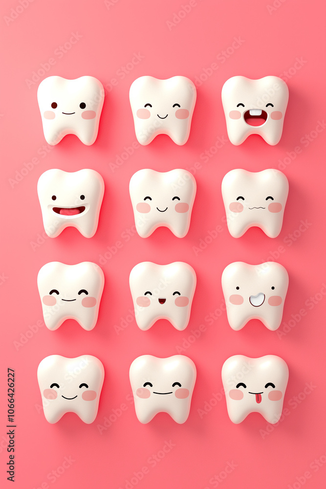 Twelve cute cartoon teeth with different facial expressions Twelve cute cartoon teeth with different facial expressions
