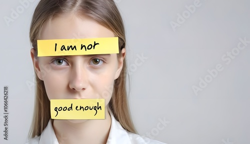 Woman with stick note on forehead and mouth - I am not good enough -  Self-doubt or lack of confidence self-talk, regarding self and abilities - feeling insecurity, awareness of one own limitations photo