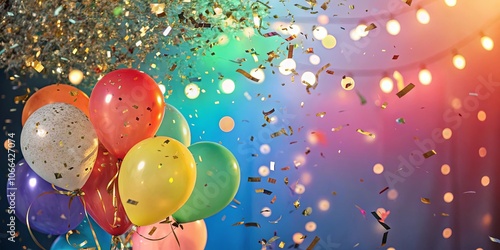 A celebration with colorful balloons floating in the air, surrounded by glittering confetti and warm light.