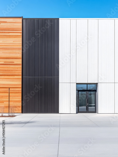 Modern architectural facade of a building with a striking combination of panels in daylight