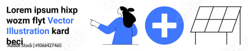 Female figure pointing at a text, a blue plus sign, and a simple black solar panel. Ideal for educational content, sustainability topics, technology, renewable energy, environmental awareness