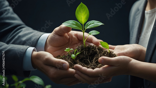 environment cooperation. unity of business people and community together protecting small sprout with hand. future environmental coservation and sustainable esg modernization photo