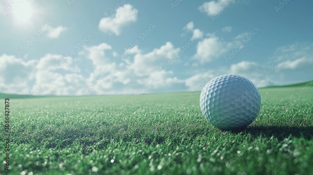A close-up of a golf ball resting on a green grass surface under a bright sky. A close-up of a golf ball resting on a green grass surface under a bright sky.