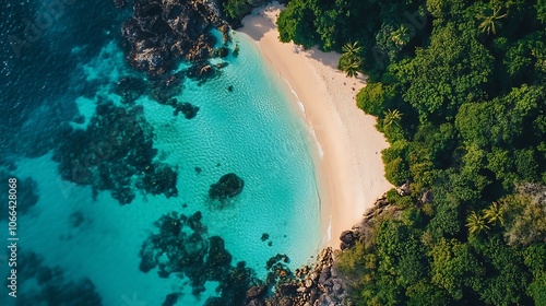 Aerial View of a Secluded Tropical Beach with Lush Green Foliage and Clear Turquoise Waters