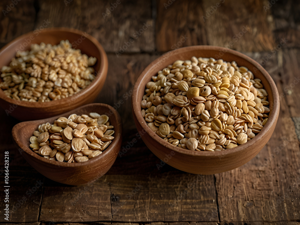 Photo of bowls containing various shapes of cereal. The bowl is made of ceramic and placed in the middle of a wooden table Photo of bowls containing various shapes of cereal. The bowl is made of ceramic and placed in the middle of a wooden table