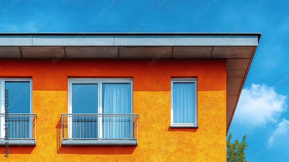 Modern orange building with balcony and windows against a bright blue sky. Modern orange building with balcony and windows against a bright blue sky.