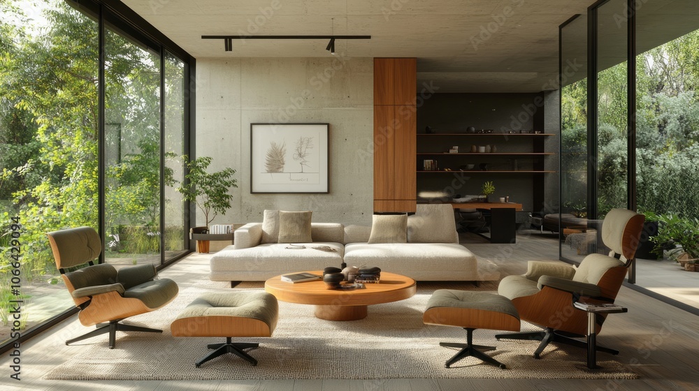 Fototapeta premium Modern Living Room with Large Windows and Natural Light