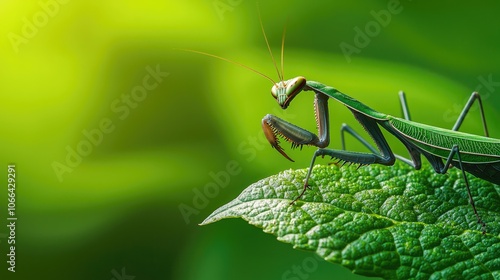 Wallpaper Mural Explore the fascinating world of praying mantises as they gracefully perch on lush green leaves in nature's garden Torontodigital.ca