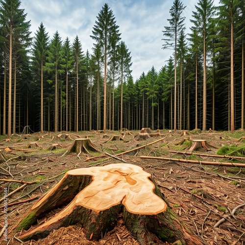 A clear-cut forest, with stumps and debris.
deforestation, forest destruction, environmental impact, Climate Change, Global Warming, environmental issue, sustainability, sustainable, climate change, a photo