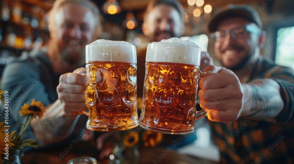 Men clinking mugs with beer during celebration of Oktoberfest outdoors party background.Cheers with beer and enjoy tradition Men clinking mugs with beer during celebration of Oktoberfest outdoors party background.Cheers with beer and enjoy tradition