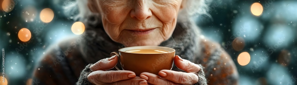 Elderly Woman Holding Tea Cup in Soft Bokeh Background - Close Up of Serene Face and Gentle Hands Emphasizing Comfort, Warmth, and Peaceful Solitude in Photo Stock Concept Elderly Woman Holding Tea Cup in Soft Bokeh Background - Close Up of Serene Face and Gentle Hands Emphasizing Comfort, Warmth, and Peaceful Solitude in Photo Stock Concept