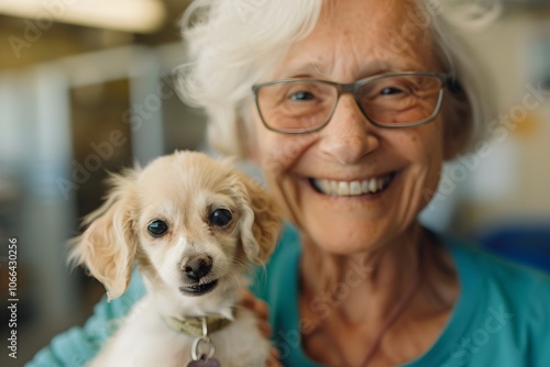 Caring Senior Woman Volunteering at Local Animal Shelter,Helping Rescue Dogs