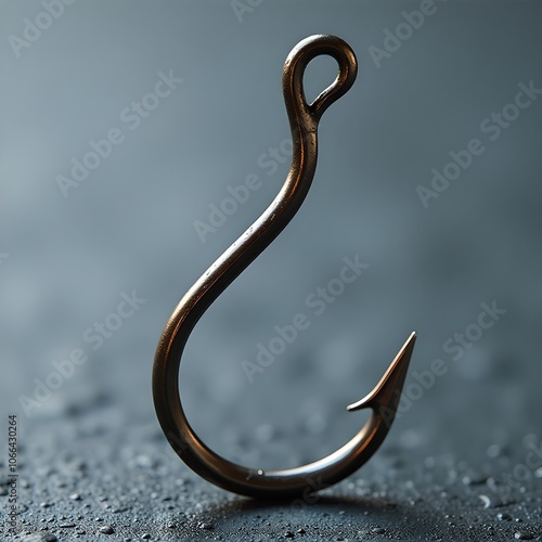 Metal Fishing Hook on Dark Background. Close-up of a single metal fishing hook with a sharp barb, isolated on a dark background, emphasizing its texture and detail