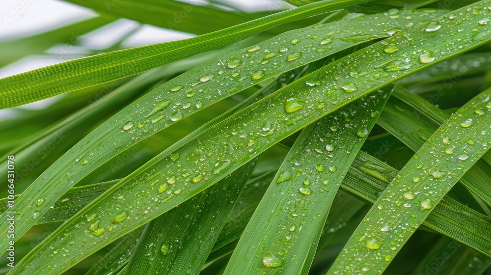 Moisture drops adorn lush green leaves in a vibrant nature scene Moisture drops adorn lush green leaves in a vibrant nature scene
