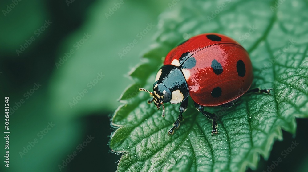 A vibrant ladybug perched on a green leaf, showcasing its striking red shell and black spots, amidst a blurred natural background. A vibrant ladybug perched on a green leaf, showcasing its striking red shell and black spots, amidst a blurred natural background.
