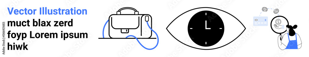 Bag with strap, eye-shaped clock with numbers, person having ideas. Ideal for business presentations, educational content, tech blogs, productivity tips, design portfolios, creative inspiration Bag with strap, eye-shaped clock with numbers, person having ideas. Ideal for business presentations, educational content, tech blogs, productivity tips, design portfolios, creative inspiration