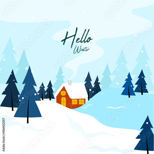 Hello winter background in the snowy garden, winter landscape with christmas tree, Christmas winter landscape with small houses, 