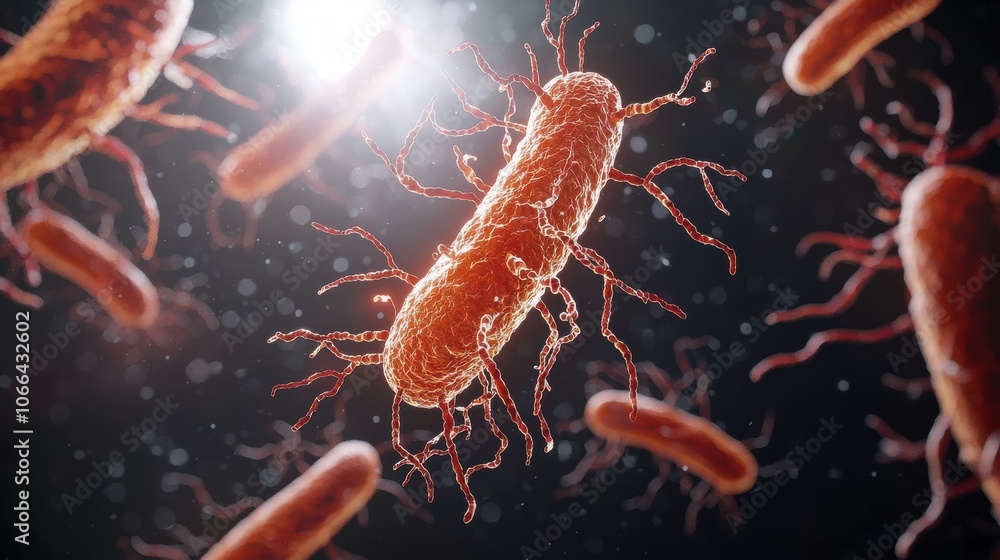 Microscopic view of bacteria, showcasing vibrant red hues and intricate structures, highlighting microbial life in a dynamic environment. Microscopic view of bacteria, showcasing vibrant red hues and intricate structures, highlighting microbial life in a dynamic environment.