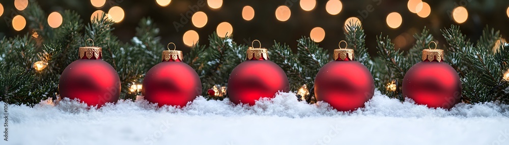 Red Christmas Ornaments Resting in Snow with Evergreen Branches and Lights Red Christmas Ornaments Resting in Snow with Evergreen Branches and Lights