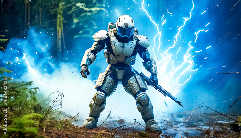 Fototapeta premium In comic book style astronaut, alien, robot in armored spacesuit in action. Starship troopers, star wars, space exploration, space science