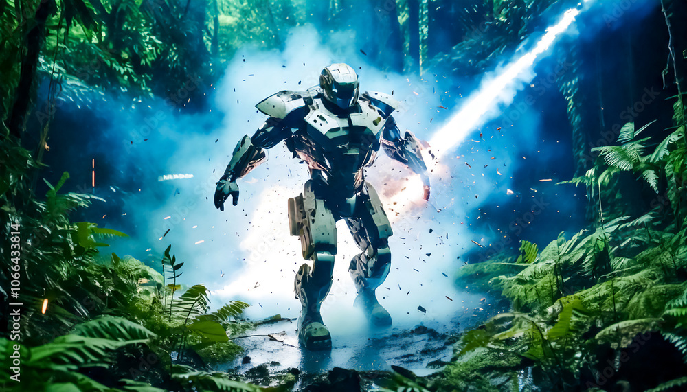 In comic book style astronaut, alien, robot in armored spacesuit in action. Starship troopers, star wars, space exploration, space science In comic book style astronaut, alien, robot in armored spacesuit in action. Starship troopers, star wars, space exploration, space science