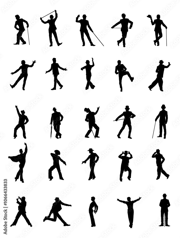 Silhouette collection of male dancer in ballroom dance pose. Silhouettes of man dancing in various pose. Silhouette collection of male dancer in ballroom dance pose. Silhouettes of man dancing in various pose.