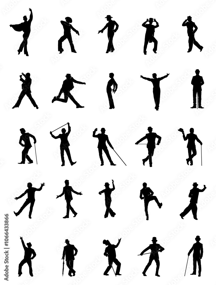 Silhouette collection of male dancer in ballroom dance pose. Silhouettes of man dancing in various pose. Silhouette collection of male dancer in ballroom dance pose. Silhouettes of man dancing in various pose.