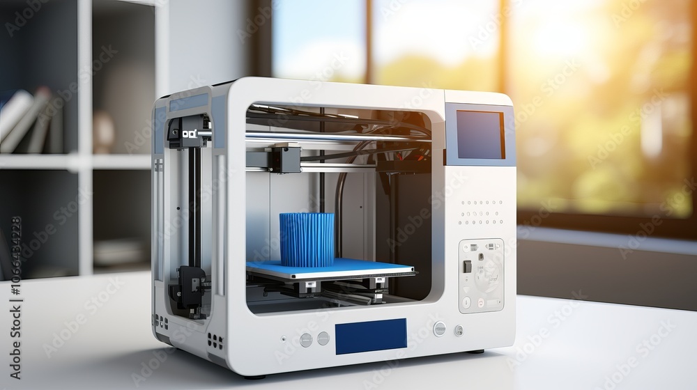 A modern 3D printer in a well-lit workspace, creating a blue object during the day A modern 3D printer in a well-lit workspace, creating a blue object during the day