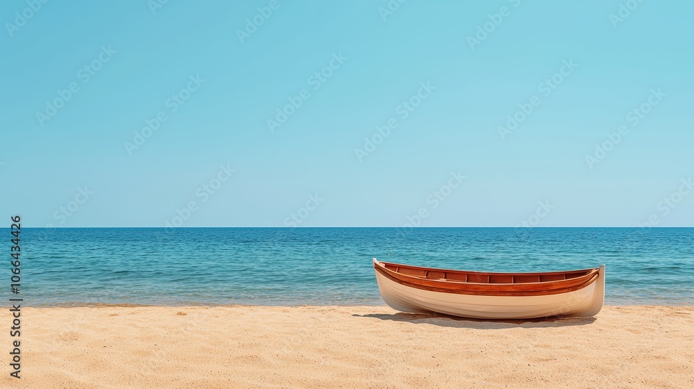 Serene Beach with Boat on Golden Sand and Clear Water Serene Beach with Boat on Golden Sand and Clear Water