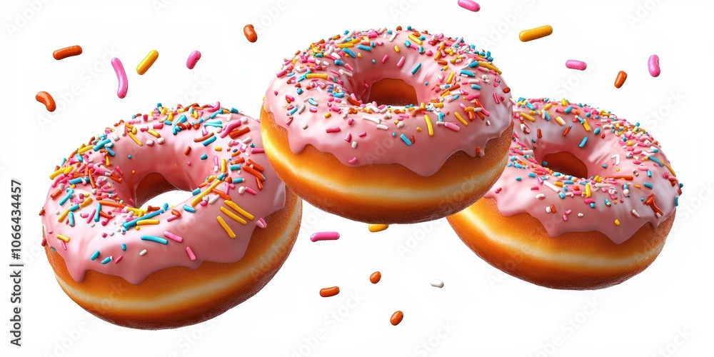 Colorful Sprinkled Donuts Flying on White Background Colorful Sprinkled Donuts Flying on White Background