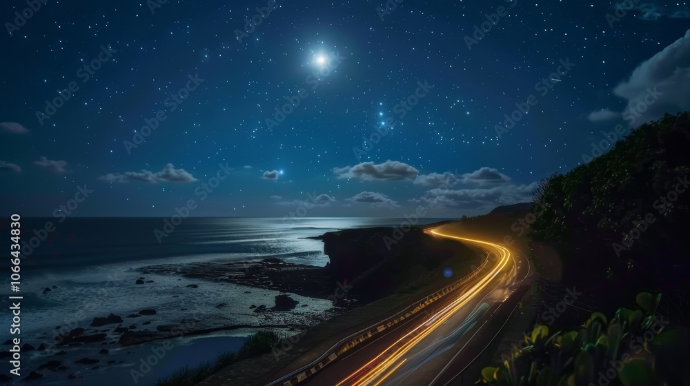 Under the moonlit sky cars race along the oceanfront road their light trails leaving behind a trail of glittering stars.