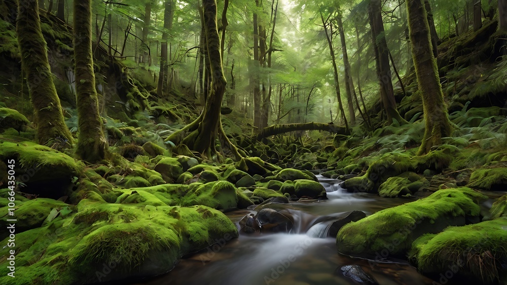 Moss-Covered Rocks and a Stream Flowing Through a Lush Green Forest Moss-Covered Rocks and a Stream Flowing Through a Lush Green Forest