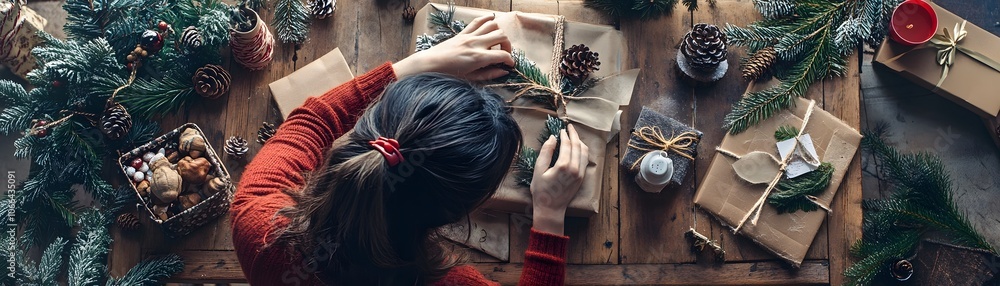 Woman in Red Sweater Wrapping Christmas Presents with Pine Branches Woman in Red Sweater Wrapping Christmas Presents with Pine Branches