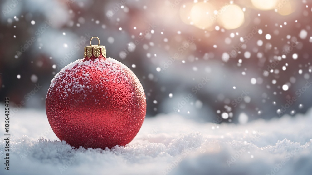 A close-up of a red Christmas ornament covered in snow, set against a snowy background with bokeh lights A close-up of a red Christmas ornament covered in snow, set against a snowy background with bokeh lights