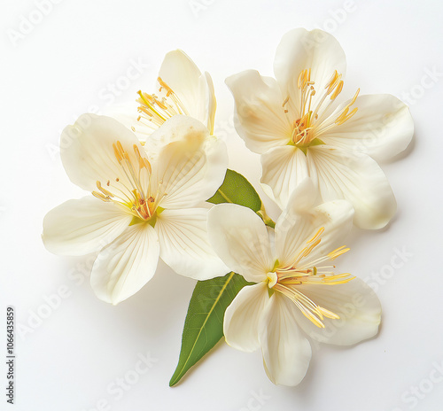 Three exquisite white flowers adorned with golden stamens and green leaves