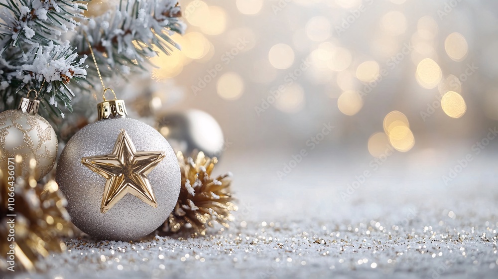 A close-up of elegant Christmas ornaments hanging on a frosty pine tree branch, featuring a silver bauble with a gold star, surrounded by glittering snow and festive bokeh lights in the background. A close-up of elegant Christmas ornaments hanging on a frosty pine tree branch, featuring a silver bauble with a gold star, surrounded by glittering snow and festive bokeh lights in the background.