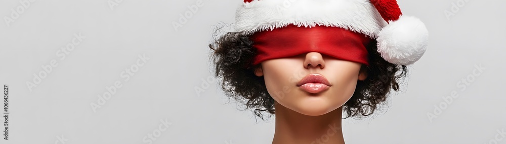Blindfolded Woman Wearing a Santa Hat Blindfolded Woman Wearing a Santa Hat