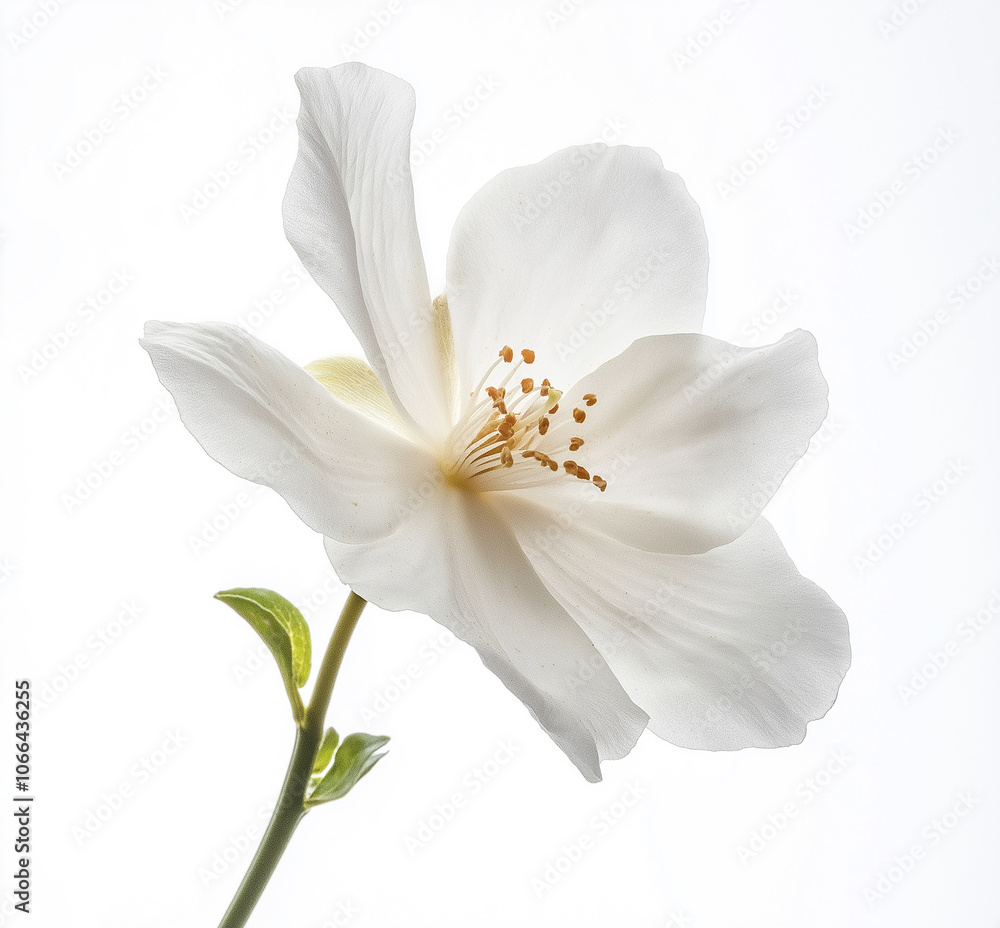 Three exquisite white flowers adorned with golden stamens and green leaves Three exquisite white flowers adorned with golden stamens and green leaves